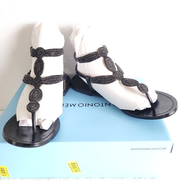 New ANTONIO MELANI black leather sandals with ornate black chain detailing - Picture 2 of 11